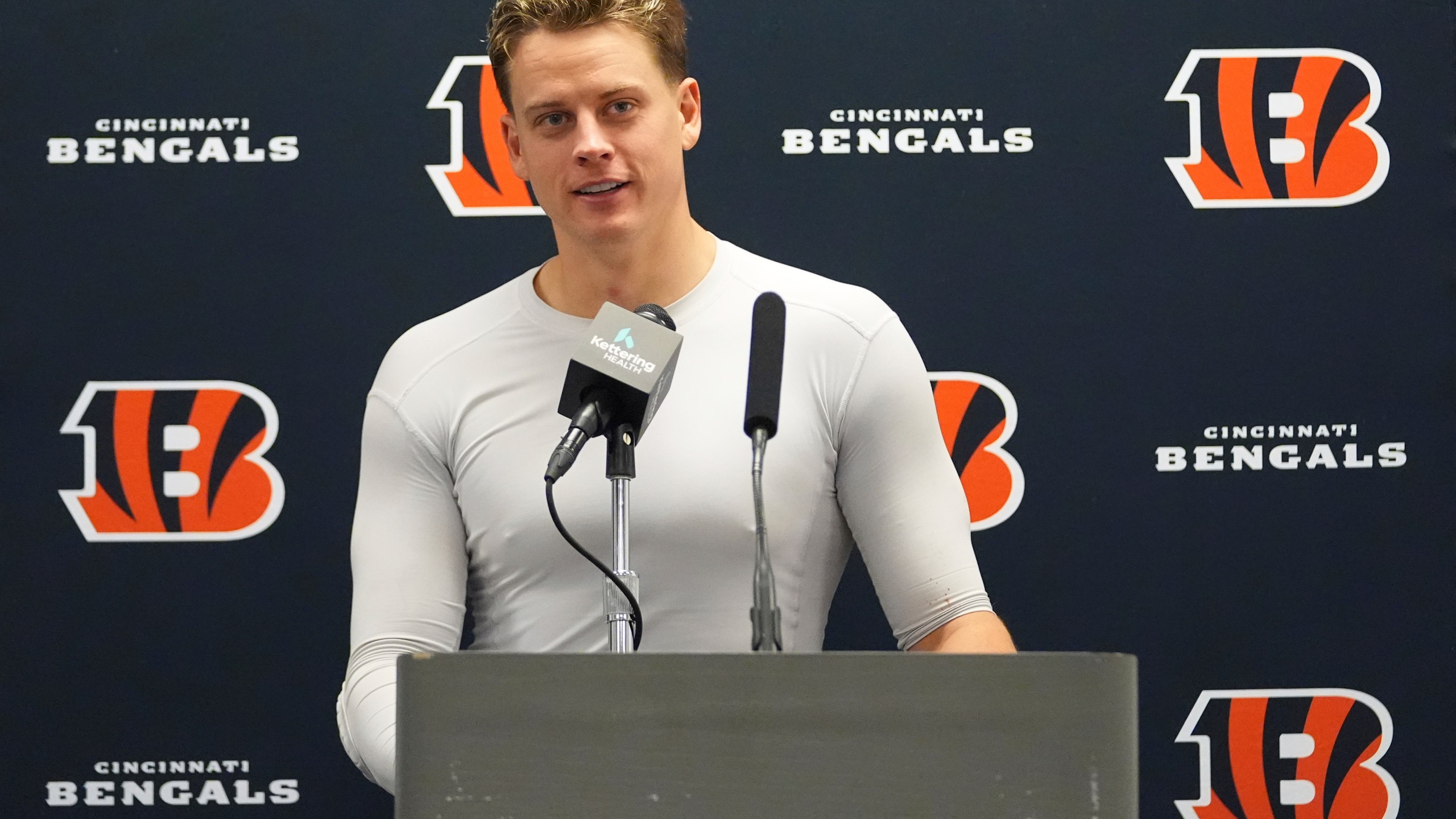 Cincinnati Bengals quarterback Joe Burrow talks during a news conference after an NFL football game against the Dallas Cowboys, Monday, Dec. 9, 2024, in Arlington, Texas. The Cincinnati Bengals won 27-20. (AP Photo/Julio Cortez)