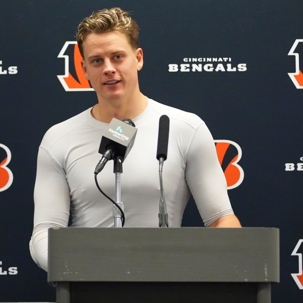 Cincinnati Bengals quarterback Joe Burrow talks during a news conference after an NFL football game against the Dallas Cowboys, Monday, Dec. 9, 2024, in Arlington, Texas. The Cincinnati Bengals won 27-20. (AP Photo/Julio Cortez)