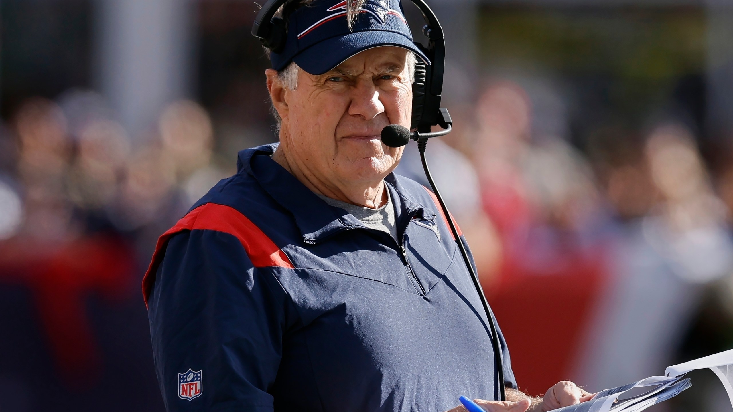 FILE - Then-New England Patriots head coach Bill Belichick during the second half of an NFL football game against the New Orleans Saints, Sunday, Oct. 8, 2023, in Foxborough, Mass. (AP Photo/Michael Dwyer, File)