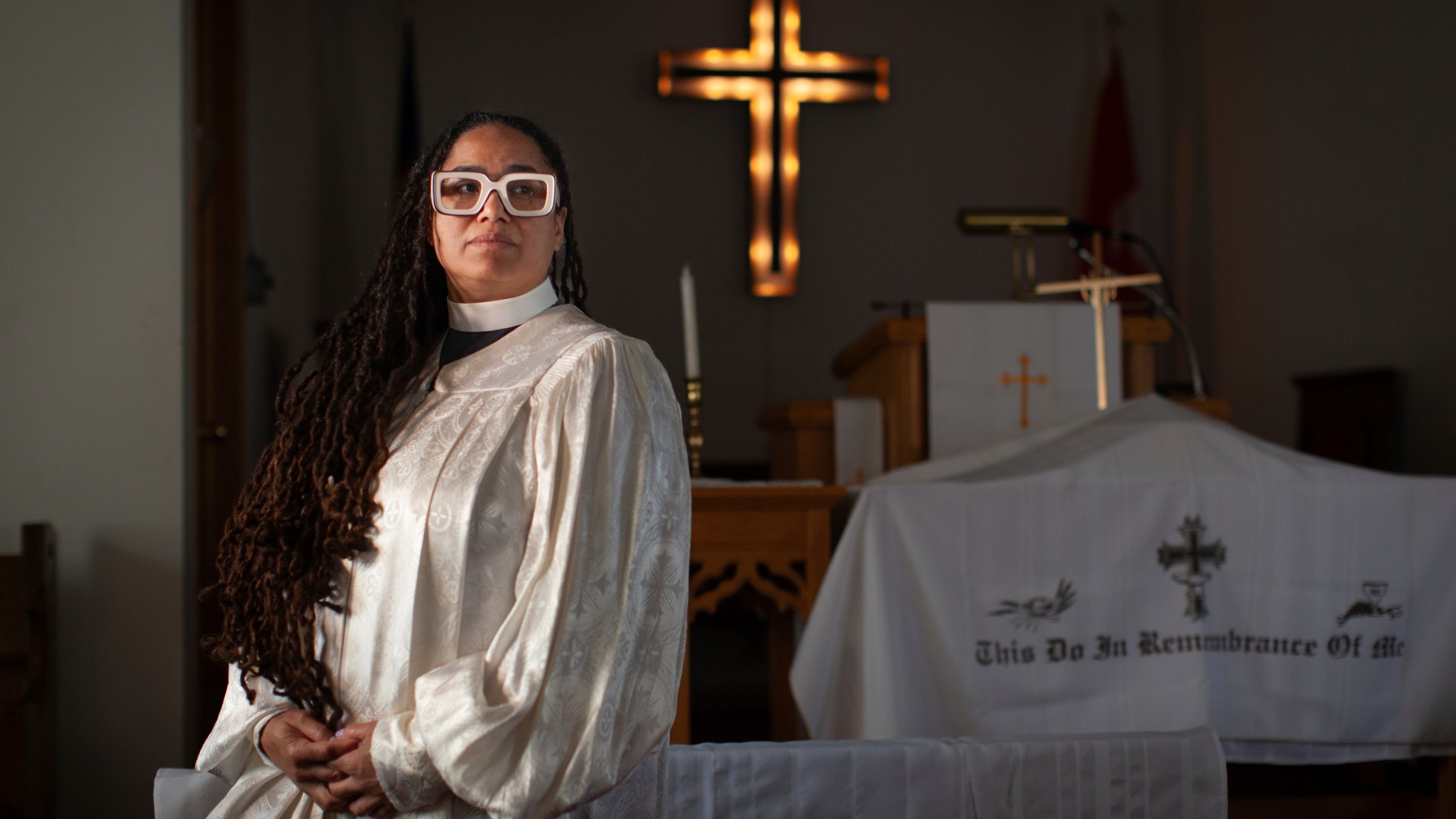 The Rev. Jennifer Susanne Leath poses for a photo at Tanner-Price AME Church in Windsor, Ont., Sunday, Oct. 6, 2024. (AP Photo/Dax Melmer)