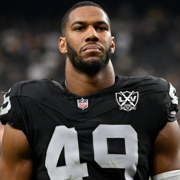 FILE - Las Vegas Raiders defensive end Charles Snowden walks off the field following an NFL football game against the Pittsburgh Steelers, Sunday, Oct 13, 2024, in Las Vegas. (AP Photo/David Becker, File)