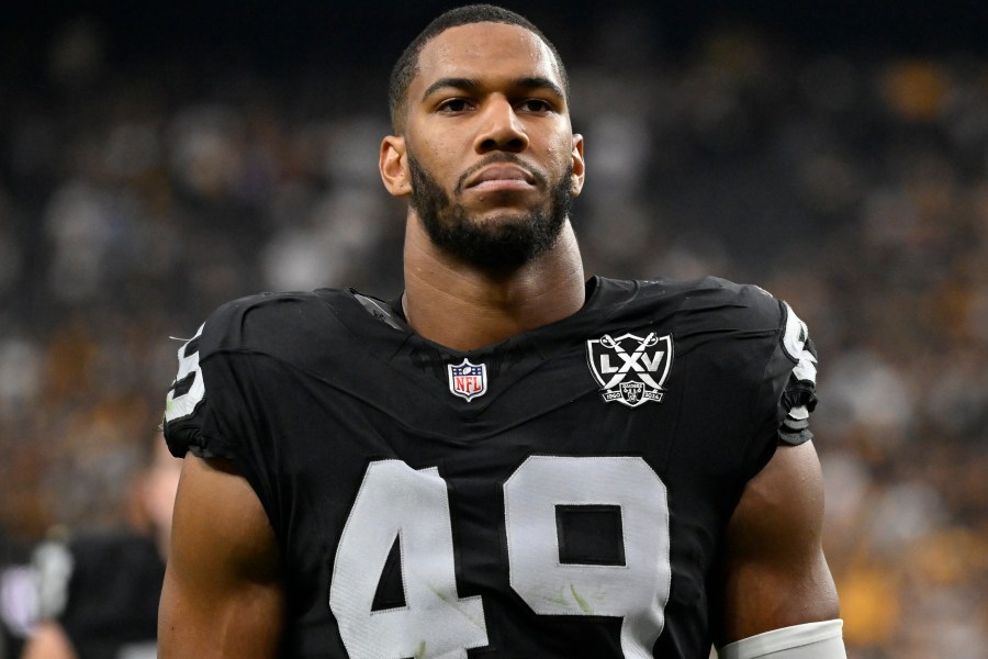 FILE - Las Vegas Raiders defensive end Charles Snowden walks off the field following an NFL football game against the Pittsburgh Steelers, Sunday, Oct 13, 2024, in Las Vegas. (AP Photo/David Becker, File)