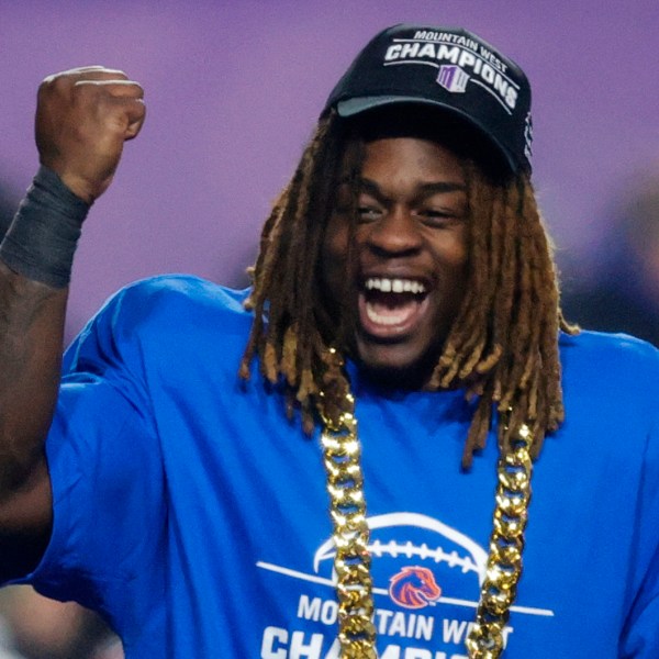 FILE - Boise State running back Ashton Jeanty celebrates after winning the offensive player of the game for the Mountain West Championship NCAA college football game against UNLV, Friday, Dec. 6, 2024, in Boise, Idaho. (AP Photo/Steve Conner, File)