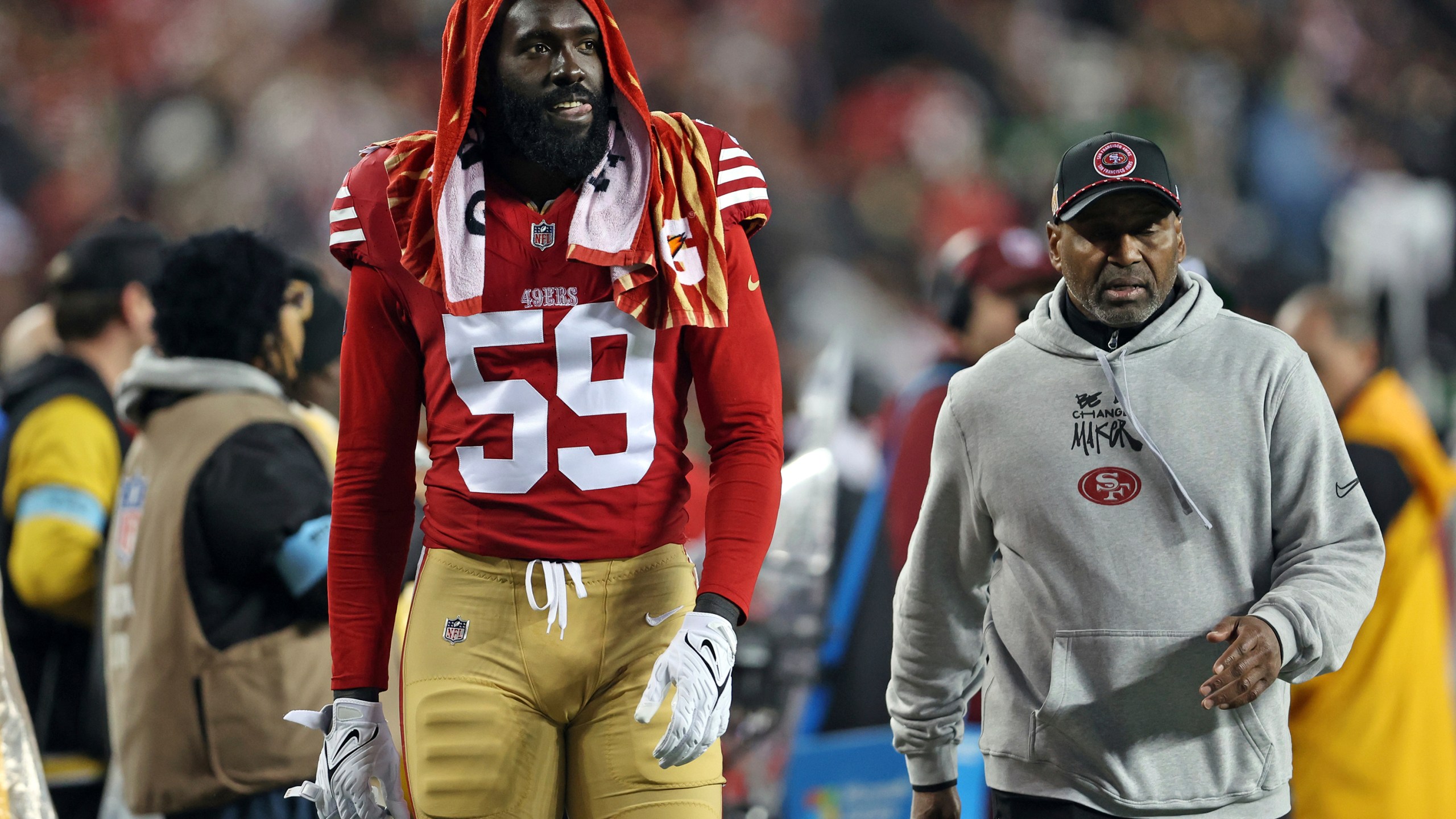 San Francisco 49ers' De'Vondre Campbell walks to the locker room during the second half of an NFL football game against the Los Angeles Rams in Santa Clara, Calif., Thursday, Dec. 12, 2024. (Scott Strazzante/San Francisco Chronicle via AP)