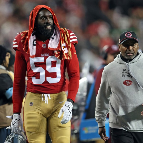 San Francisco 49ers' De'Vondre Campbell walks to the locker room during the second half of an NFL football game against the Los Angeles Rams in Santa Clara, Calif., Thursday, Dec. 12, 2024. (Scott Strazzante/San Francisco Chronicle via AP)