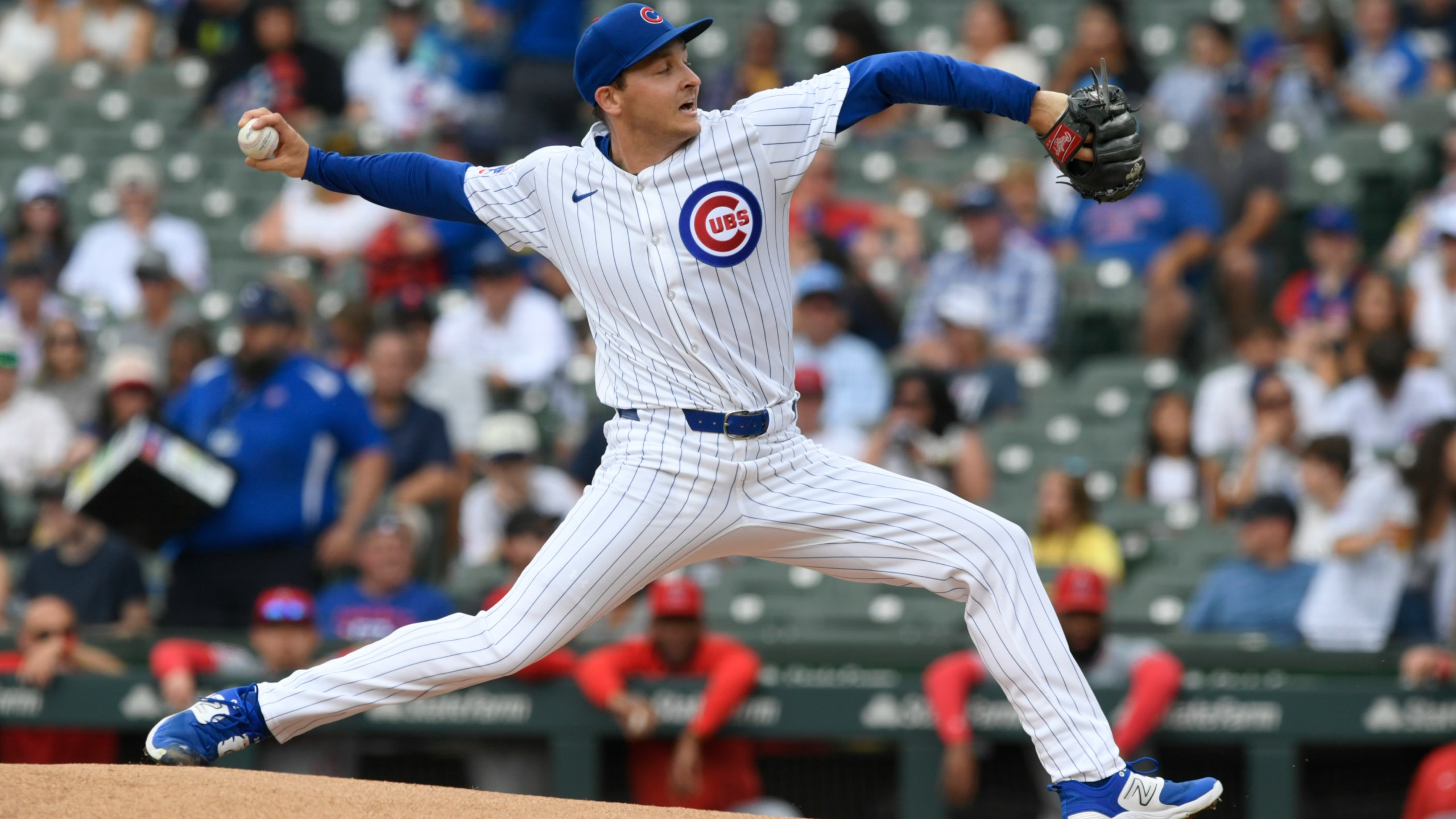 FILE - Chicago Cubs starter Hayden Wesneski delivers a pitch during the first inning of a baseball game against the Los Angeles Angels, Sunday, July 7, 2024, in Chicago. (AP Photo/Paul Beaty, File)