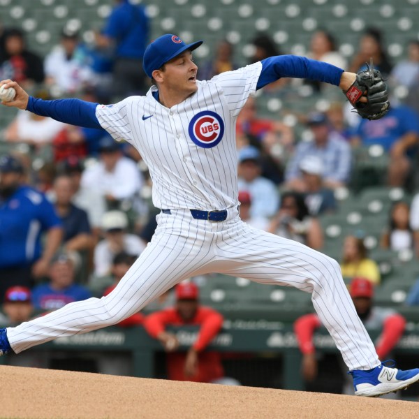 FILE - Chicago Cubs starter Hayden Wesneski delivers a pitch during the first inning of a baseball game against the Los Angeles Angels, Sunday, July 7, 2024, in Chicago. (AP Photo/Paul Beaty, File)