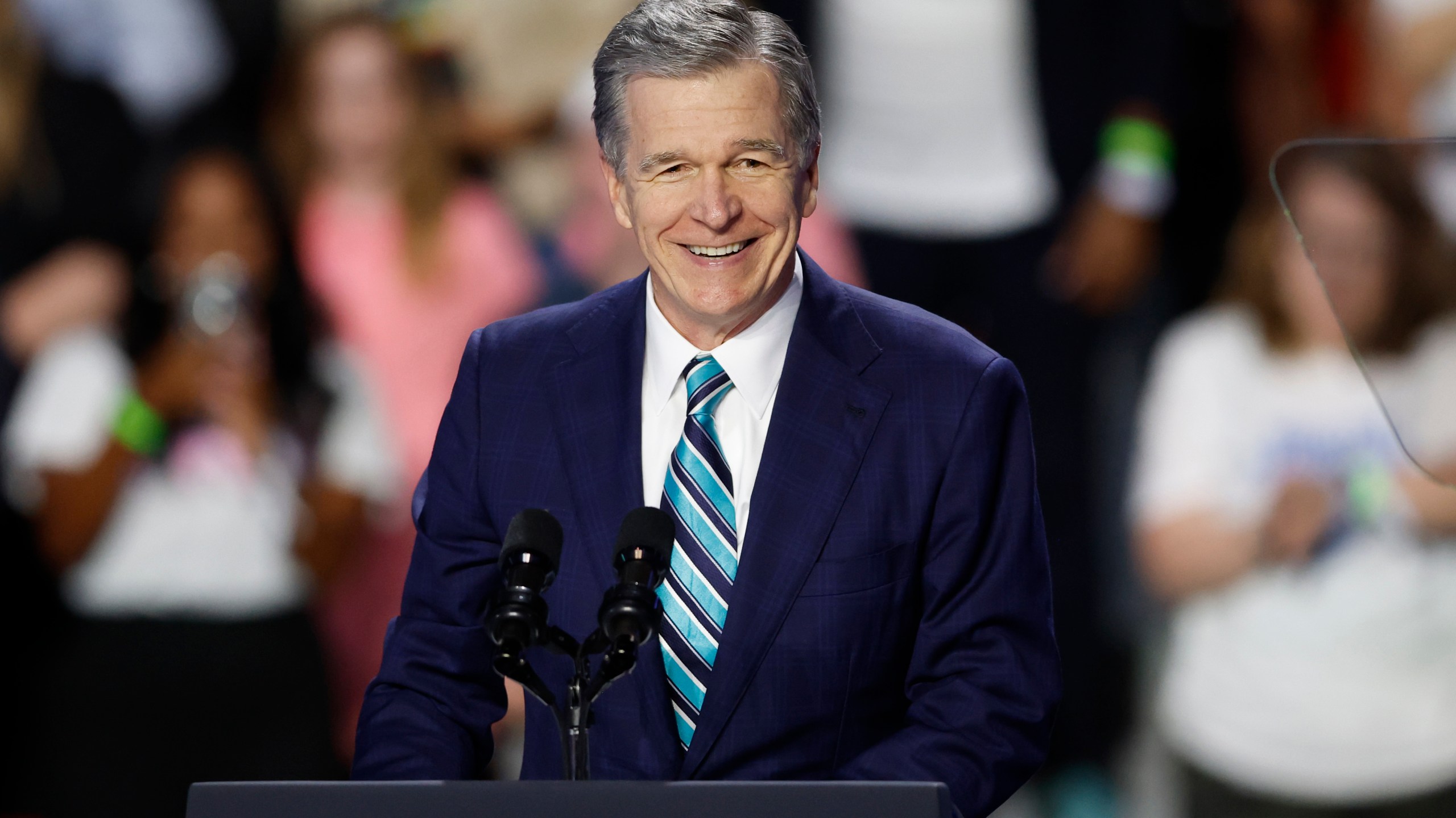 FILE - North Carolina Gov. Roy Cooper speaks at a campaign event for Democratic presidential nominee Vice President Kamala Harris in Charlotte, N.C., Thursday, Sept. 12, 2024. (AP Photo/Nell Redmond, File)