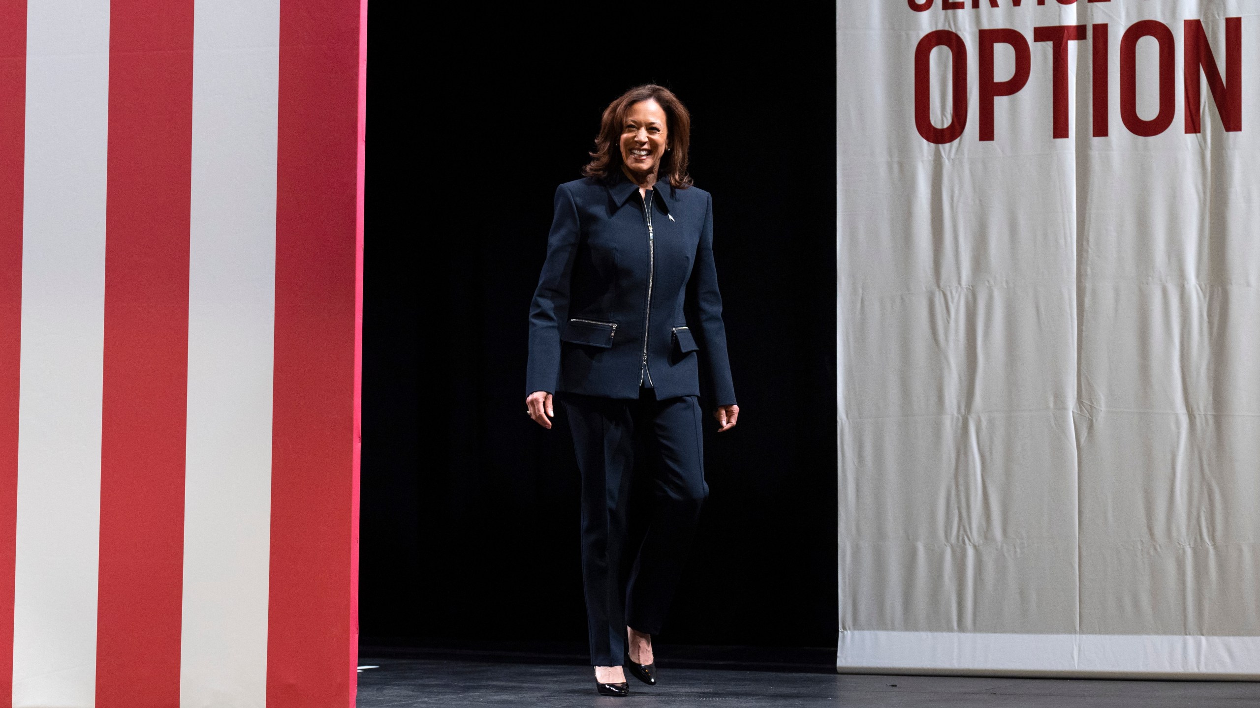 Vice President Kamala Harris arrives to speak to students and recent graduates at Prince George's Community College, in Largo, Md., Tuesday, Dec. 17, 2024. (AP Photo/Jacquelyn Martin)