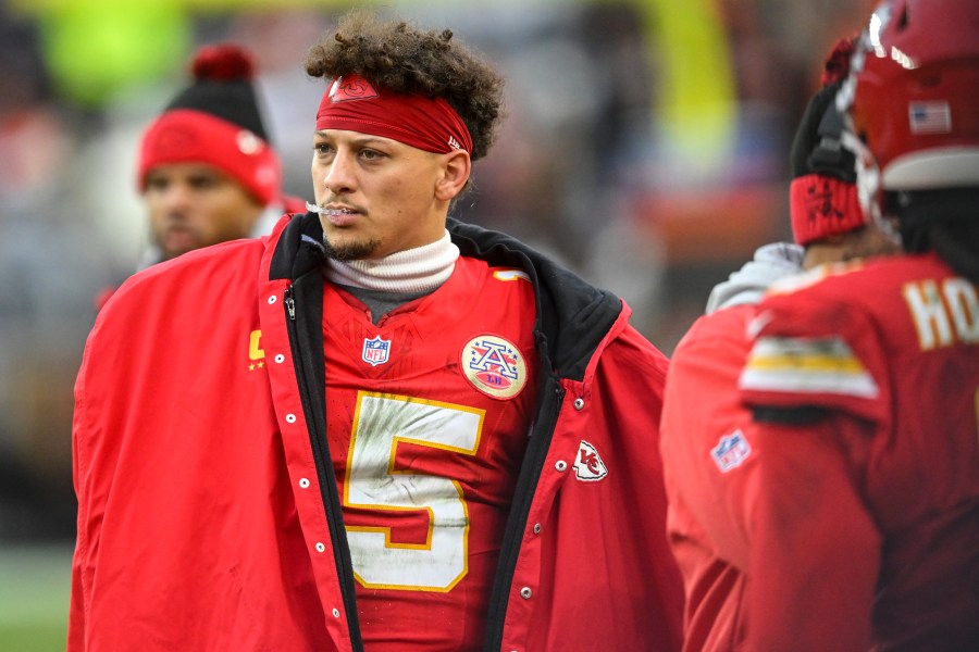 Kansas City Chiefs quarterback Patrick Mahomes watches play during the second half of an NFL football game against the Cleveland Browns, Sunday, Dec. 15, 2024, in Cleveland. (AP Photo/David Richard)