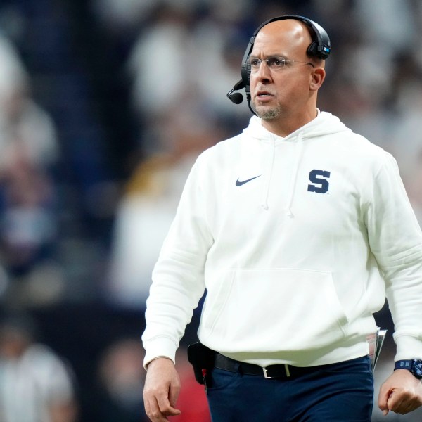 Penn State head coach James Franklin watches from the sideline during the first half of the Big Ten championship NCAA college football game against Oregon, Saturday, Dec. 7, 2024, in Indianapolis. (AP Photo/AJ Mast)