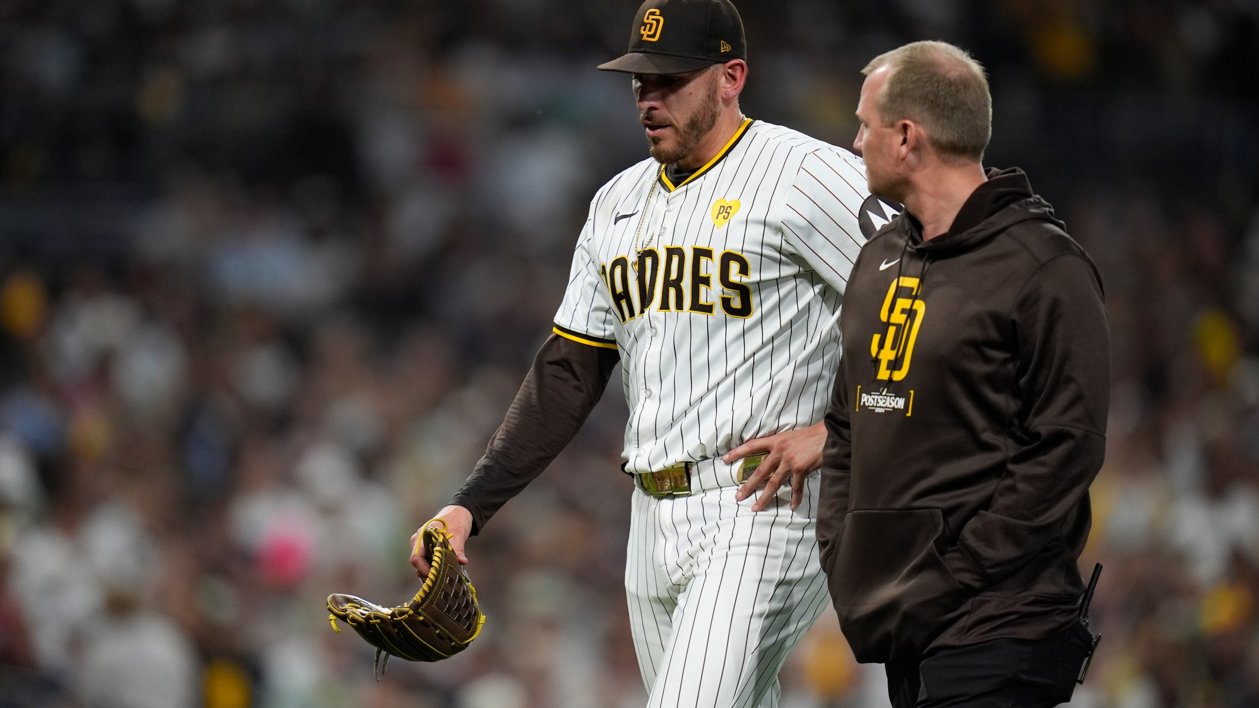 FILE - San Diego Padres starting pitcher Joe Musgrove exits the game during the fourth inning in Game 2 of an NL Wild Card Series baseball game against the Atlanta Braves, Wednesday, Oct. 2, 2024, in San Diego. (AP Photo/Gregory Bull, File)