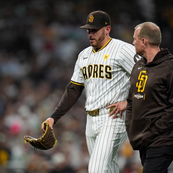 FILE - San Diego Padres starting pitcher Joe Musgrove exits the game during the fourth inning in Game 2 of an NL Wild Card Series baseball game against the Atlanta Braves, Wednesday, Oct. 2, 2024, in San Diego. (AP Photo/Gregory Bull, File)