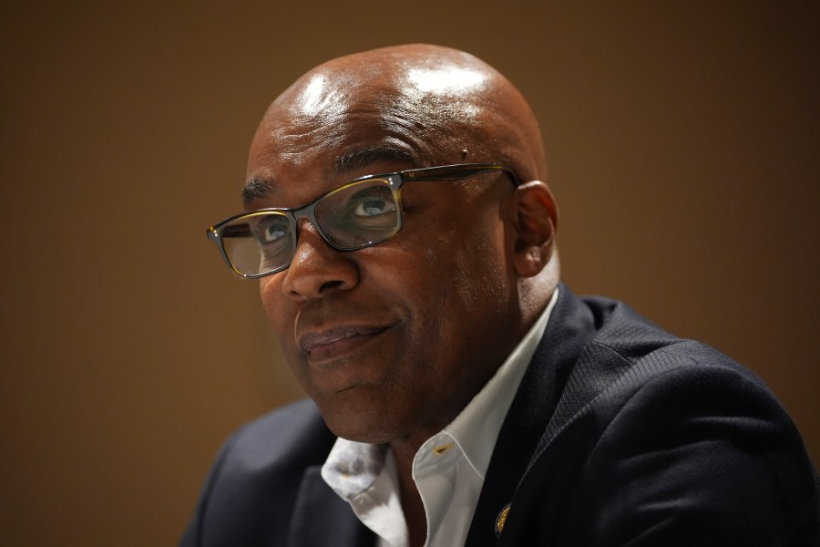 FILE - Illinois Attorney General Kwame Raoul pauses during an interview with The Associated Press, Thursday, Nov. 21, 2024, in Philadelphia. (AP Photo/Matt Slocum, File)