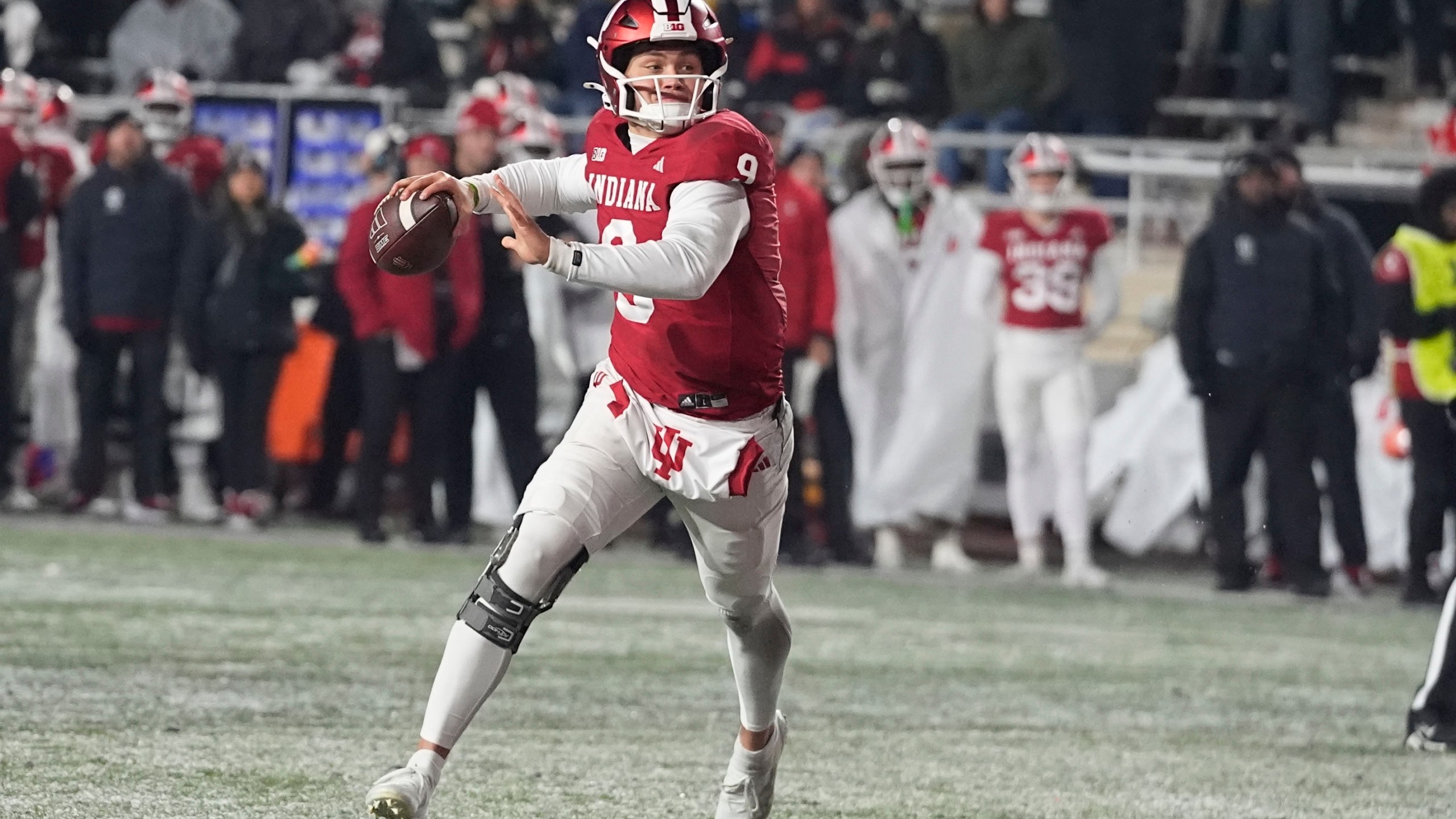 Indiana quarterback Kurtis Rourke looks to throw during the second half of an NCAA college football game against Purdue, Saturday, Nov. 30, 2024, in Bloomington, Ind. (AP Photo/Darron Cummings)