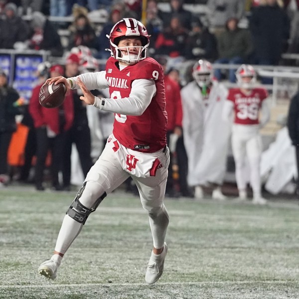 Indiana quarterback Kurtis Rourke looks to throw during the second half of an NCAA college football game against Purdue, Saturday, Nov. 30, 2024, in Bloomington, Ind. (AP Photo/Darron Cummings)