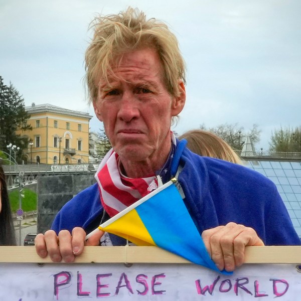 FILE - Ryan Wesley Routh takes part in a rally in central Kyiv, Ukraine, April 30, 2022. (AP Photo/Efrem Lukatsky, File)