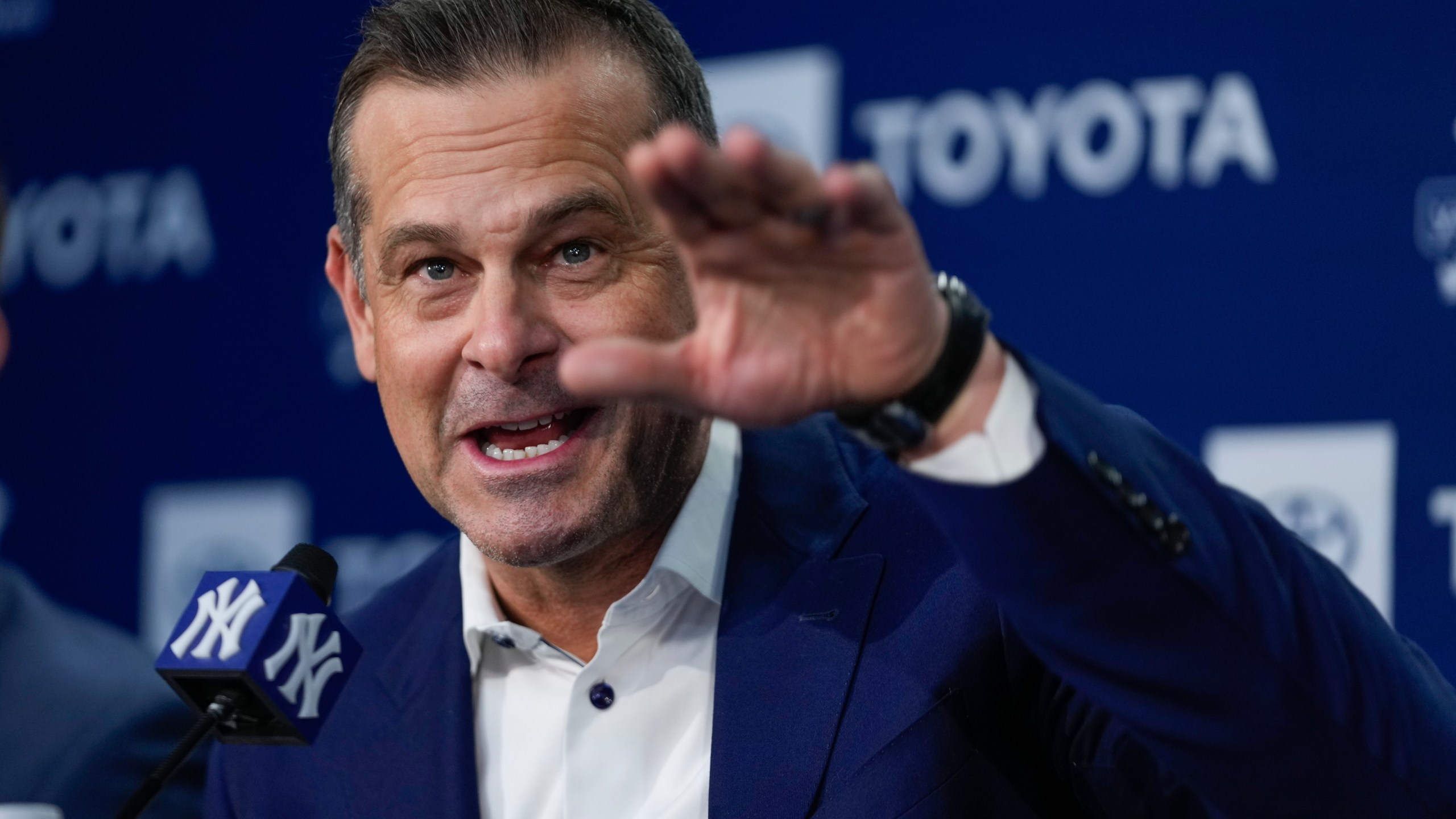 New York Yankees manager Aaron Boone speaks during a baseball news conference, Wednesday, Dec. 18, 2024, in New York. (AP Photo/Frank Franklin II)