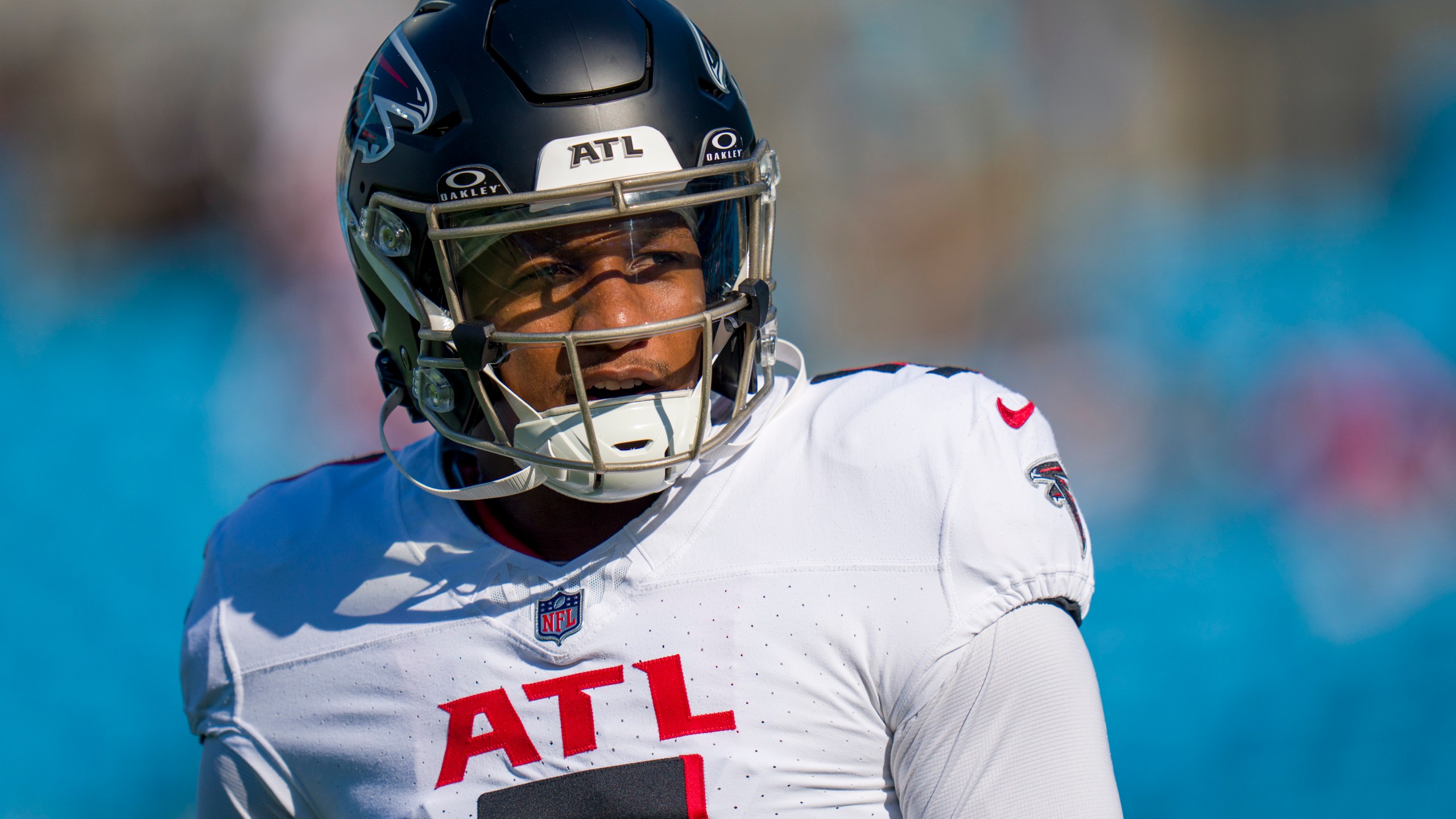 FILE - Atlanta Falcons quarterback Michael Penix Jr. (9) warms up before an NFL football game against the Carolina Panthers on Sunday, Oct. 13, 2024, in Charlotte, N.C. (AP Photo/Rusty Jones, File)