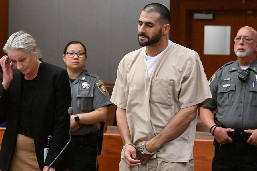 FILE - Dennis Hernandez, the troubled brother of the late New England Patriots tight end Aaron Hernandez, stands with his public defender Sandra Crowell during his arraignment, Aug. 1, 2023, at Connecticut Superior Court in New Britain, Conn. (Douglas Healey/New York Post via AP, Pool, File)