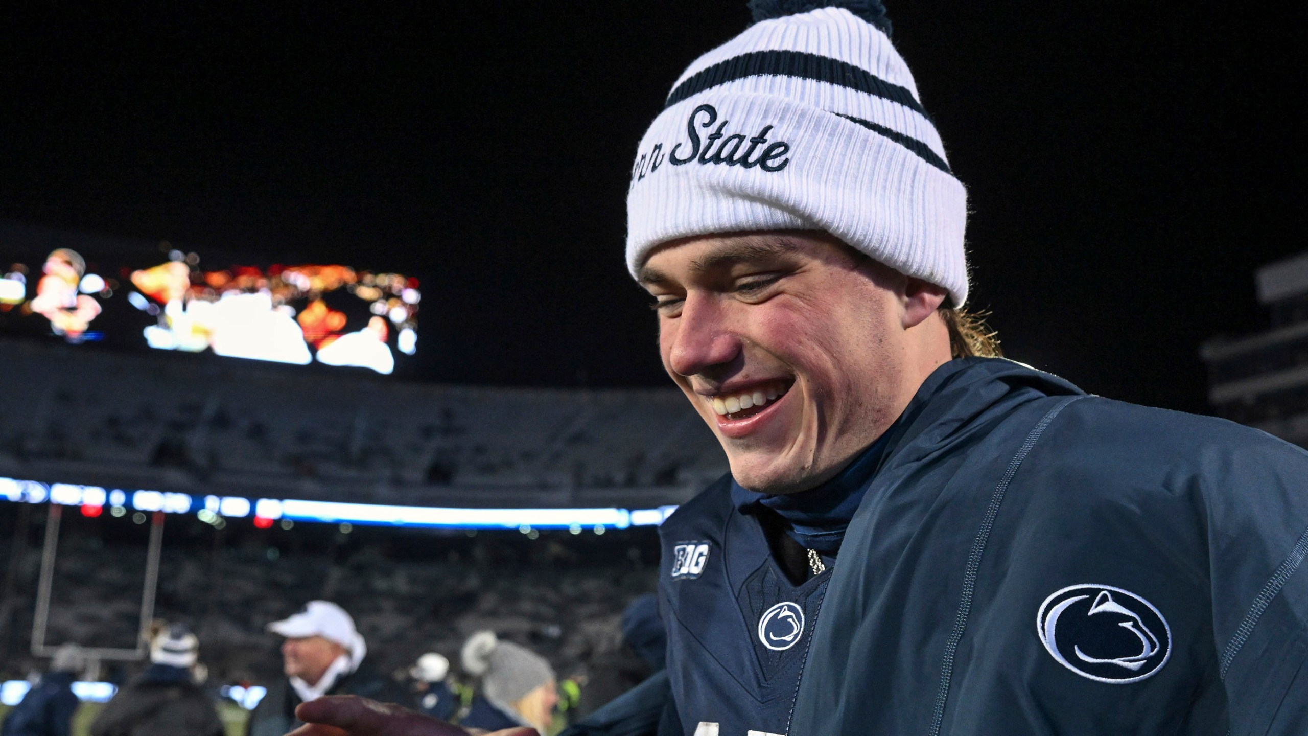 FILE - Penn State quarterback Drew Allar celebrates following a victory over Maryland in an NCAA college football game, Saturday, Nov. 30, 2024, in State College, Pa. (AP Photo/Barry Reeger, File)