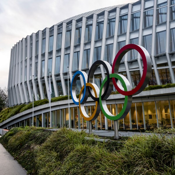 The Olympic rings are pictured front of the Olympic House before the opening of the executive board meeting of the IOC, in Lausanne, Switzerland, Tuesday, Dec. 3, 2024. (Jean-Christophe Bott/Keystone via AP)