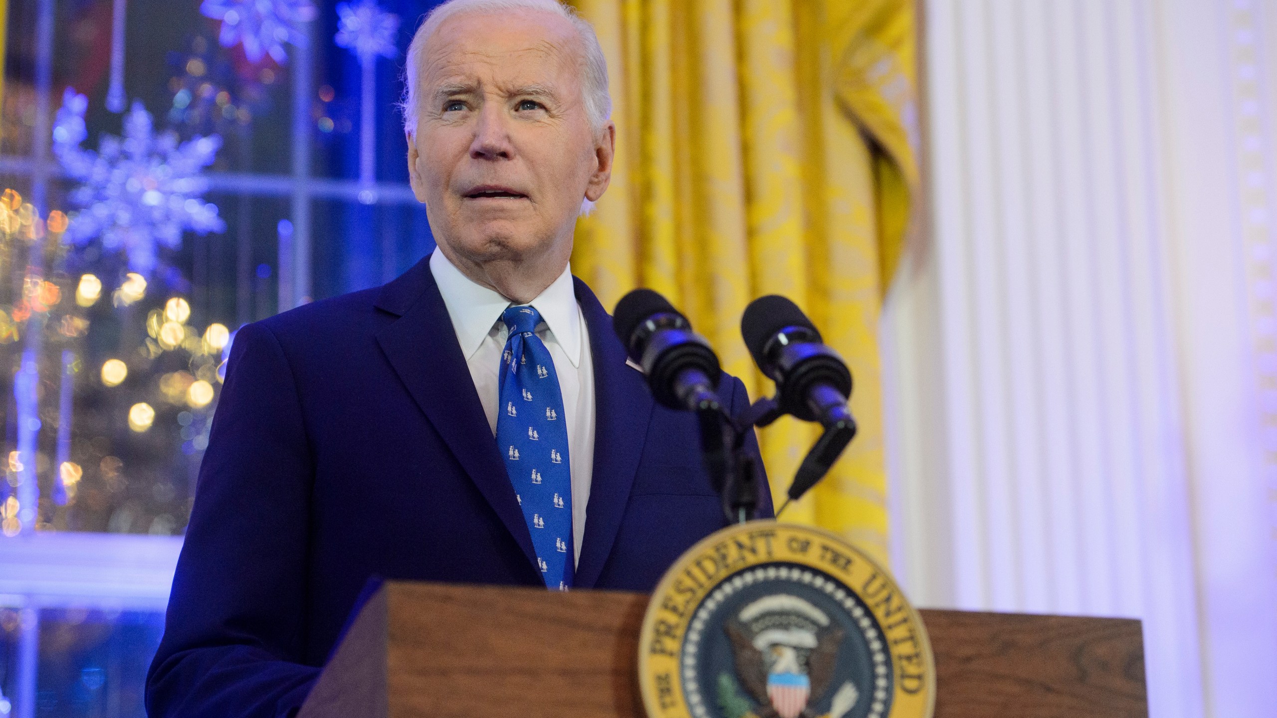 FILE - President Joe Biden speaks during a Hanukkah reception in the East Room of the White House in Washington, Dec. 16, 2024. (AP Photo/Rod Lamkey, Jr., File)