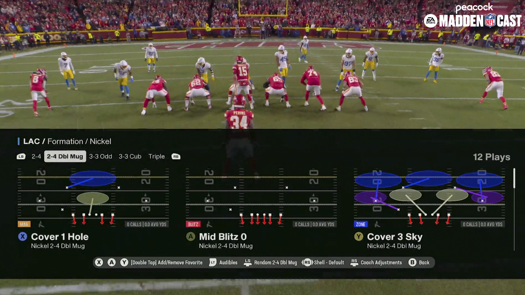 This image provided by NBC shows the Los Angeles Chargers defensive playbook from the Madden NFL video game before a play in a test game between the Los Angeles Chargers and Kansas City Chiefs on Dec. 8, 2024. NBC Sports will be doing a Madden NFL alternate broadcast on Peacock for the Saturday, Dec. 21, 2024, game between the Houston Texans and Kansas City Chiefs. This is the first time NBC is doing an alternate broadcast of an NFL game. (NBC via AP)