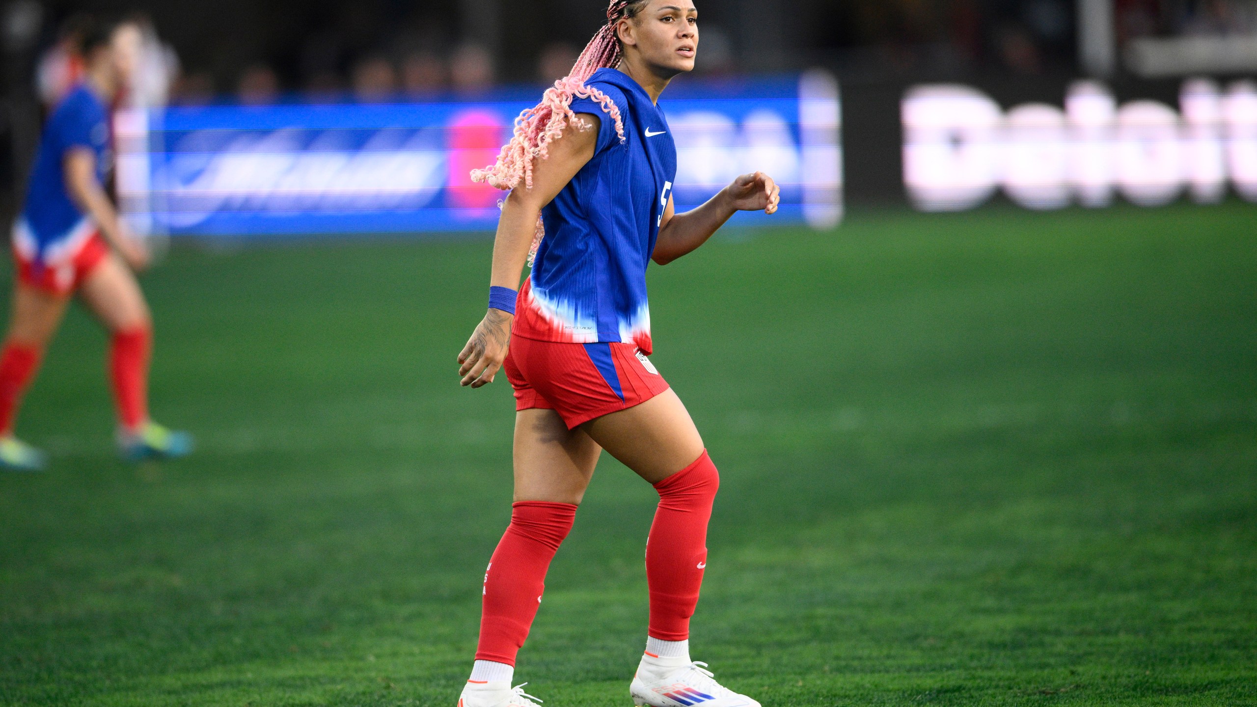 FILE - United States forward Trinity Rodman plays in the first half of an international friendly soccer match against Costa Rica, in Washington, July 16, 2024. (AP Photo/Nick Wass, File)