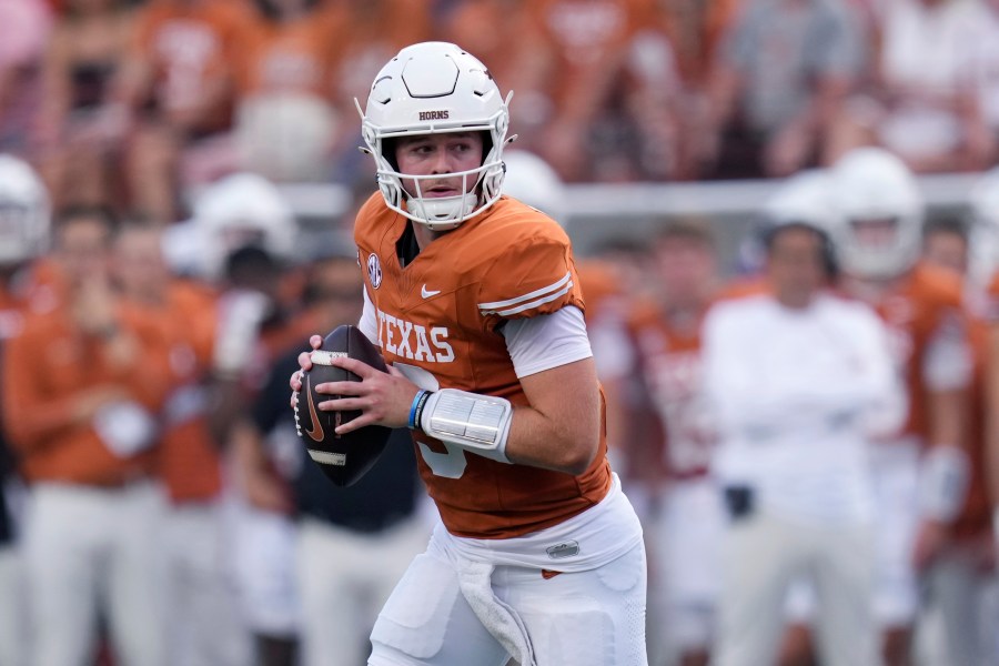 FILE - Texas quarterback Quinn Ewers (3) looks to pass against UTSA during the first half of an NCAA college football game in Austin, Texas, Saturday, Sept. 14, 2024. (AP Photo/Eric Gay, File)