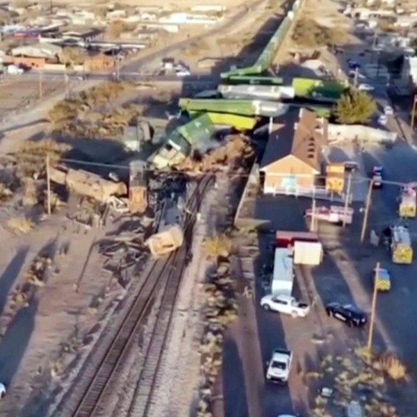 Damage to a train is seen at the site where a freight train collided with a tractor-trailer and derailed in Reeves County, Texas on Wednesday, 18, 2024. (Daniel Alvarado/Reeves County, Texas via AP)