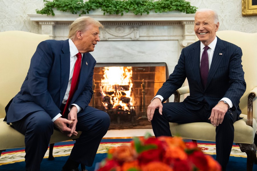 FILE - President Joe Biden meets with President-elect Donald Trump in the Oval Office of the White House, Wednesday, Nov. 13, 2024, in Washington. (AP Photo/Evan Vucci, File)