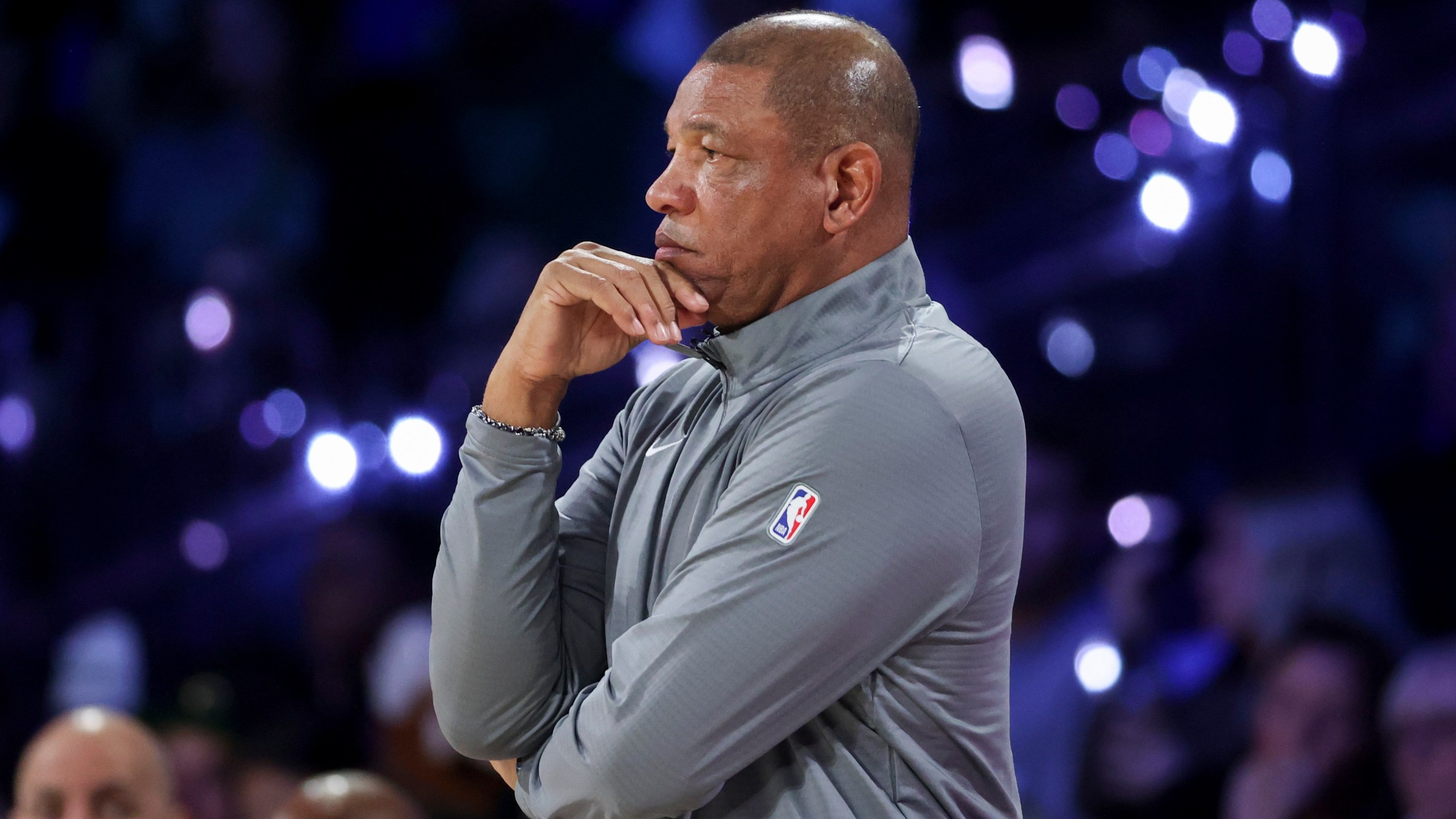 Milwaukee Bucks head coach Doc Rivers watches his team play during the first half of the championship game against the Oklahoma City Thunder in the NBA Cup basketball tournament Tuesday, Dec. 17, 2024, in Las Vegas. (AP Photo/Ian Maule)