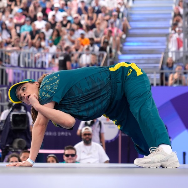 FILE - Australia's Rachael Gunn, known as B-Girl Raygun, competes during the Round Robin Battle at the breaking competition at La Concorde Urban Park at the 2024 Summer Olympics, Friday, Aug. 9, 2024, in Paris, France. (AP Photo/Frank Franklin, File)