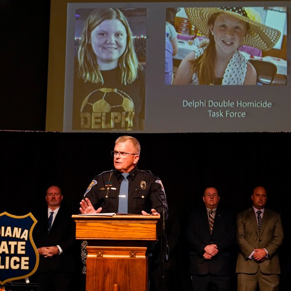 FILE - Indiana State Police Superintendent Doug Carter announces the arrest of Richard Allen for the murders of two teenage girls killed in 2017, during a news conference in Delphi, Ind., Oct. 31, 2022. (AP Photo/Michael Conroy, File)