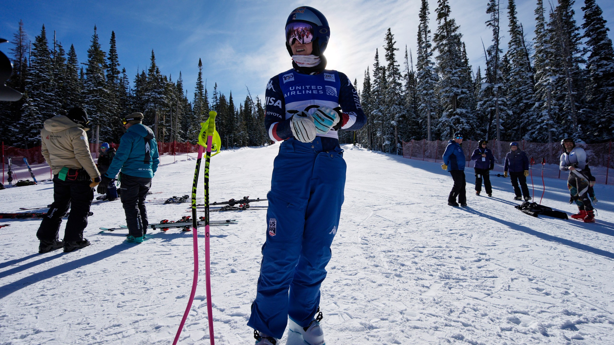 Lindsey Vonn prepares to be a forerunner at a women's World Cup downhill training run, Wednesday, Dec. 11, 2024, in Beaver Creek, Colo. (AP Photo/John Locher)