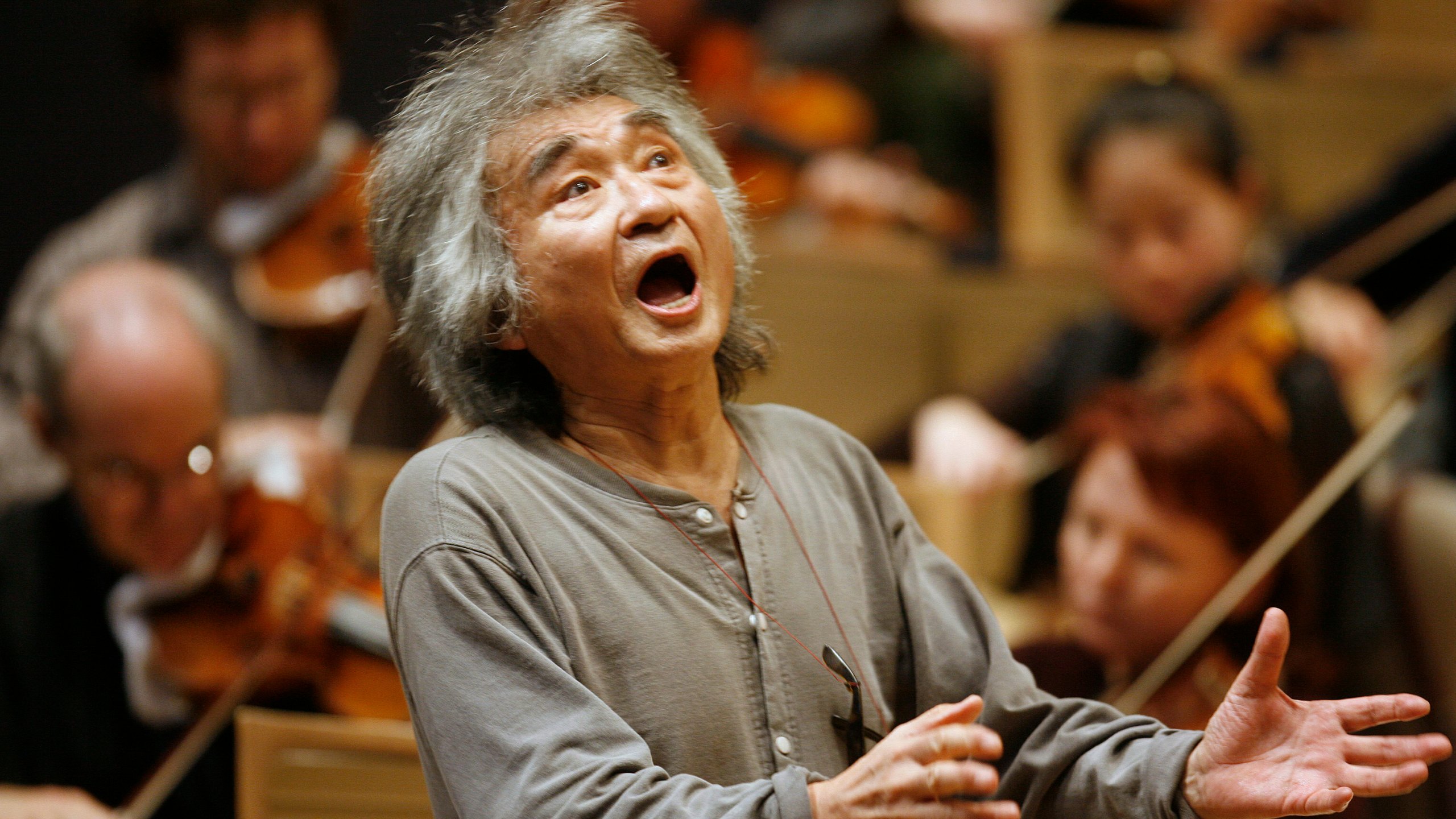 FILE - Former Director of the Boston Symphony Orchestra Seiji Ozawa conducts the orchestra during a rehearsal of Berlioz's "Symphonie Fantastique," at Symphony Hall, in Boston, on Nov. 26, 2008. (AP Photo/Steven Senne, File)