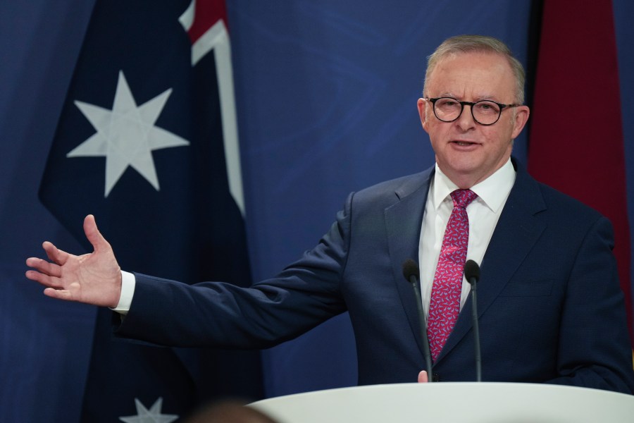 FILE - Australian Prime Minister Anthony Albanese gestures during a press conference in Sydney, Australia, Thursday, Dec. 12, 2024. (AP Photo/Mark Baker, File)