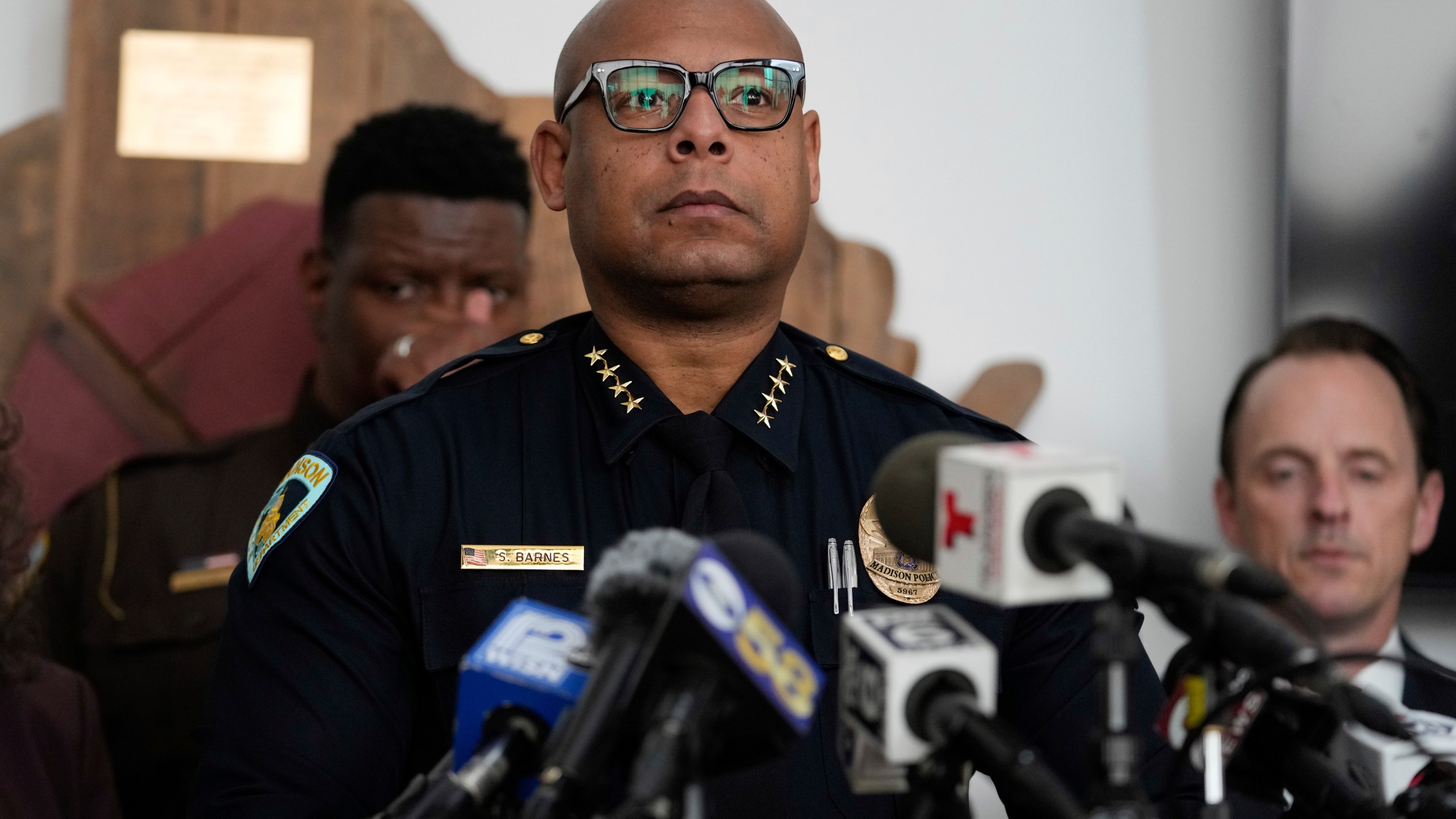 Madison Police chief Shon F. Barnes speaks at a news conference Tuesday, Dec. 17, 2024, in Madison, Wis., following a shooting at the Abundant Life Christian School on Monday. (AP Photo/Nam Y. Huh)