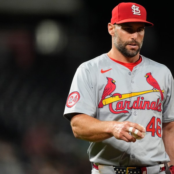 FILE - St. Louis Cardinals first baseman Paul Goldschmidt (46) in the fifth inning of a baseball game Tuesday, Sept. 24, 2024, in Denver. (AP Photo/David Zalubowski, File)