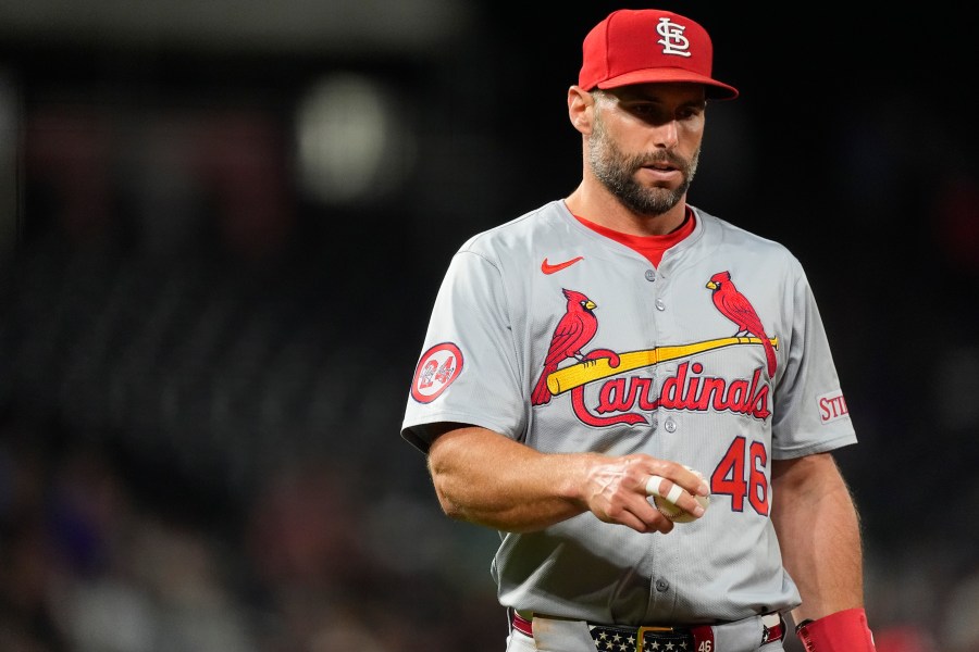 FILE - St. Louis Cardinals first baseman Paul Goldschmidt (46) in the fifth inning of a baseball game Tuesday, Sept. 24, 2024, in Denver. (AP Photo/David Zalubowski, File)