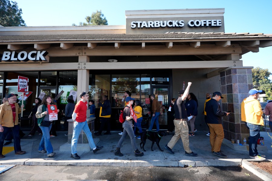 Starbucks baristas and other workers start a five-day strike to protest a lack of progress in contract negotiations with the company Friday, Dec. 20, 2024, in Burbank, Calif. (AP Photo/Damian Dovarganes)