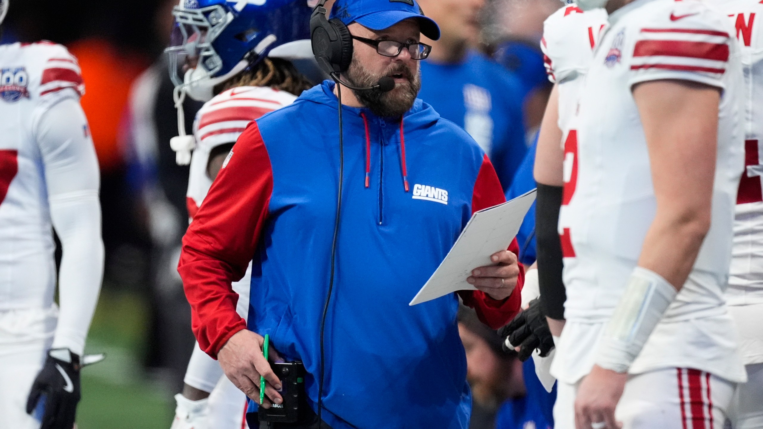 New York Giants head coach Brian Daboll on the sideline in the second half of an NFL football game against the Atlanta Falcons in Atlanta, Sunday, Dec. 22, 2024. (AP Photo/John Bazemore)