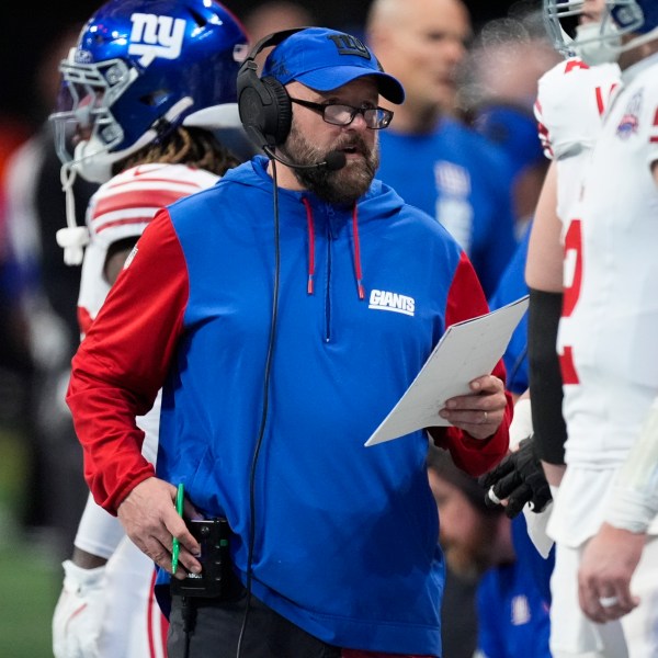 New York Giants head coach Brian Daboll on the sideline in the second half of an NFL football game against the Atlanta Falcons in Atlanta, Sunday, Dec. 22, 2024. (AP Photo/John Bazemore)