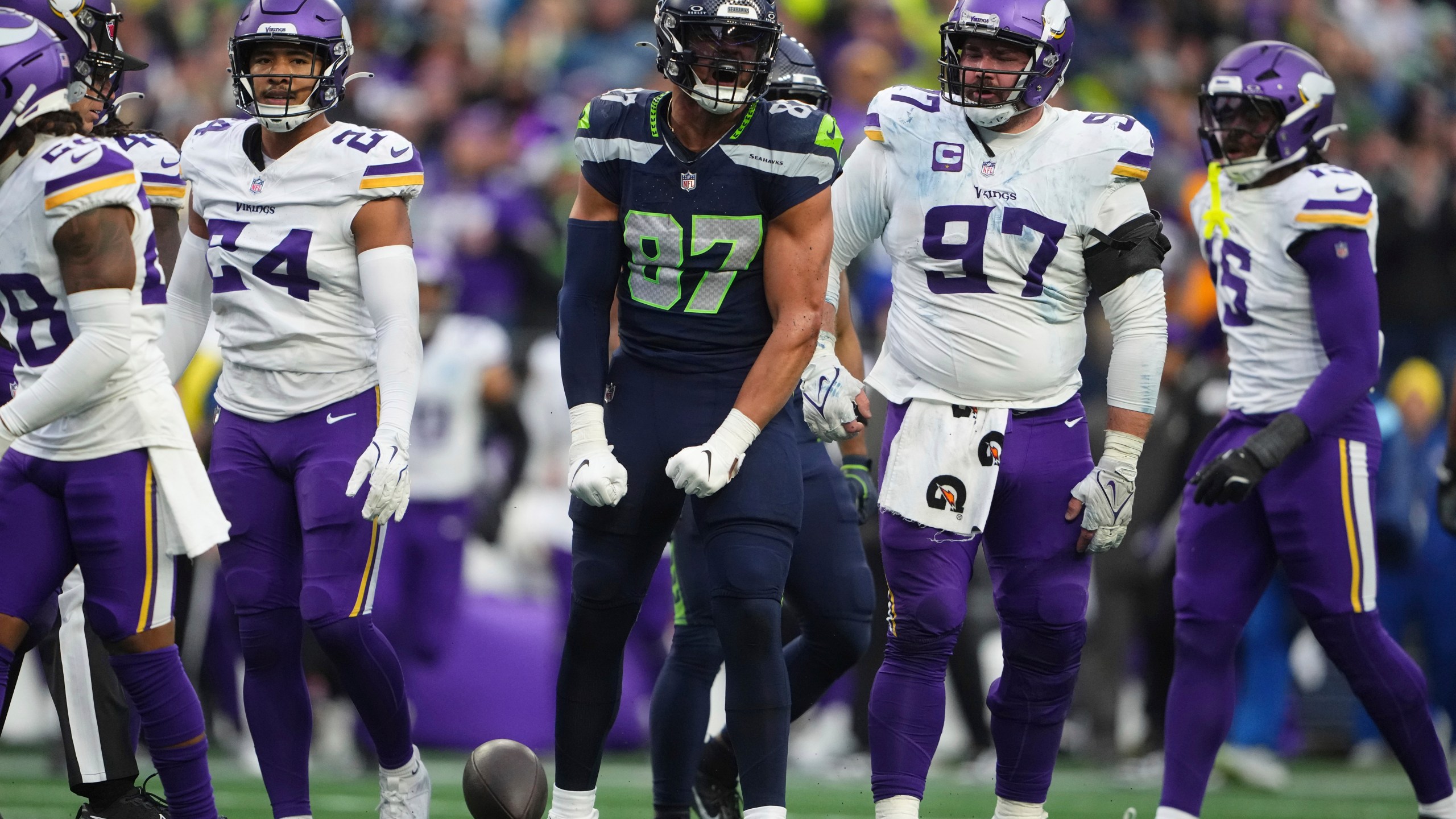 Seattle Seahawks tight end Noah Fant (87) celebrates during the second half of an NFL football game against the Minnesota Vikings, Sunday, Dec. 22, 2024, in Seattle. (AP Photo/Lindsey Wasson)