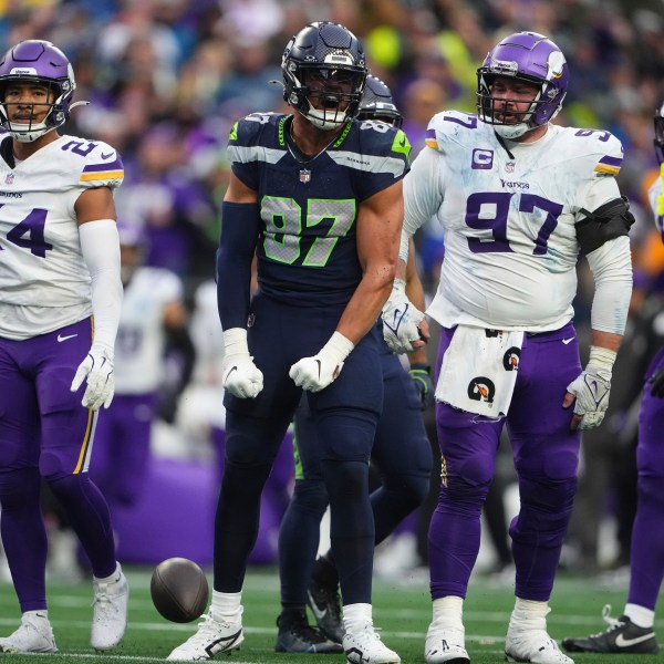 Seattle Seahawks tight end Noah Fant (87) celebrates during the second half of an NFL football game against the Minnesota Vikings, Sunday, Dec. 22, 2024, in Seattle. (AP Photo/Lindsey Wasson)