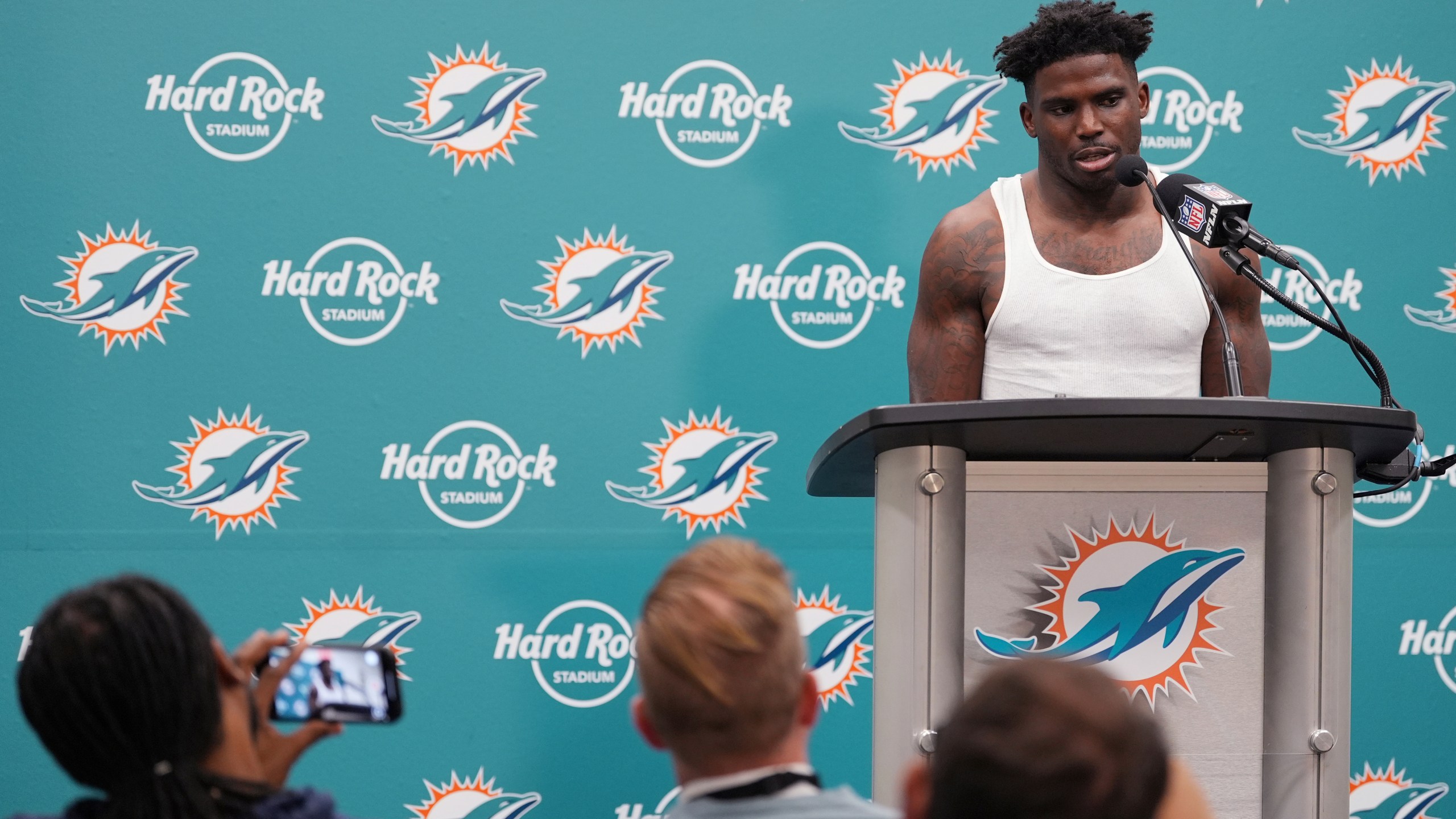 Miami Dolphins wide receiver Tyreek Hill speaks during a news conference following an NFL football game against the San Francisco 49ers Sunday, Dec. 22, 2024, in Miami Gardens, Fla. (AP Photo/Rebecca Blackwell)