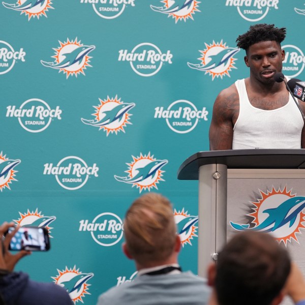 Miami Dolphins wide receiver Tyreek Hill speaks during a news conference following an NFL football game against the San Francisco 49ers Sunday, Dec. 22, 2024, in Miami Gardens, Fla. (AP Photo/Rebecca Blackwell)