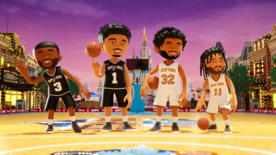 This illustration released by ESPN shows from left, San Antonio Spurs' Chris Paul (3), Victor Wembanyama (1), and New York Knicks' Karl-Anthony Towns (32) and Jalen Brunson (11), before an animated Christmas Day basketball game at Walt Disney World, featuring Mickey Mouse, Minnie Mouse and Goofy. (ESPN via AP)