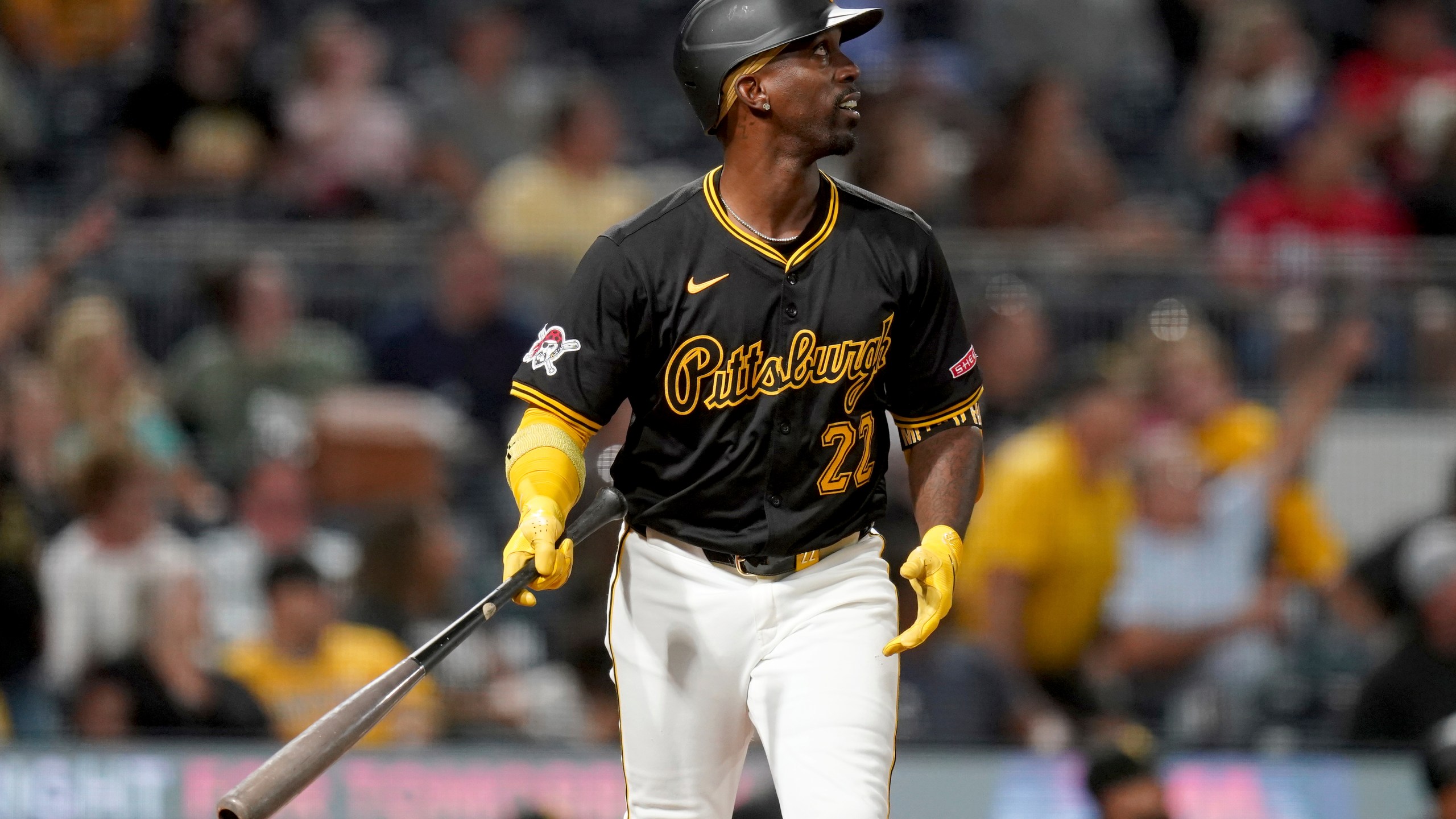 FILE - Pittsburgh Pirates' Andrew McCutchen watches his three-run home run during the fifth inning of a baseball game against the Miami Marlins, Tuesday, Sept. 10, 2024, in Pittsburgh. (AP Photo/Matt Freed, File)